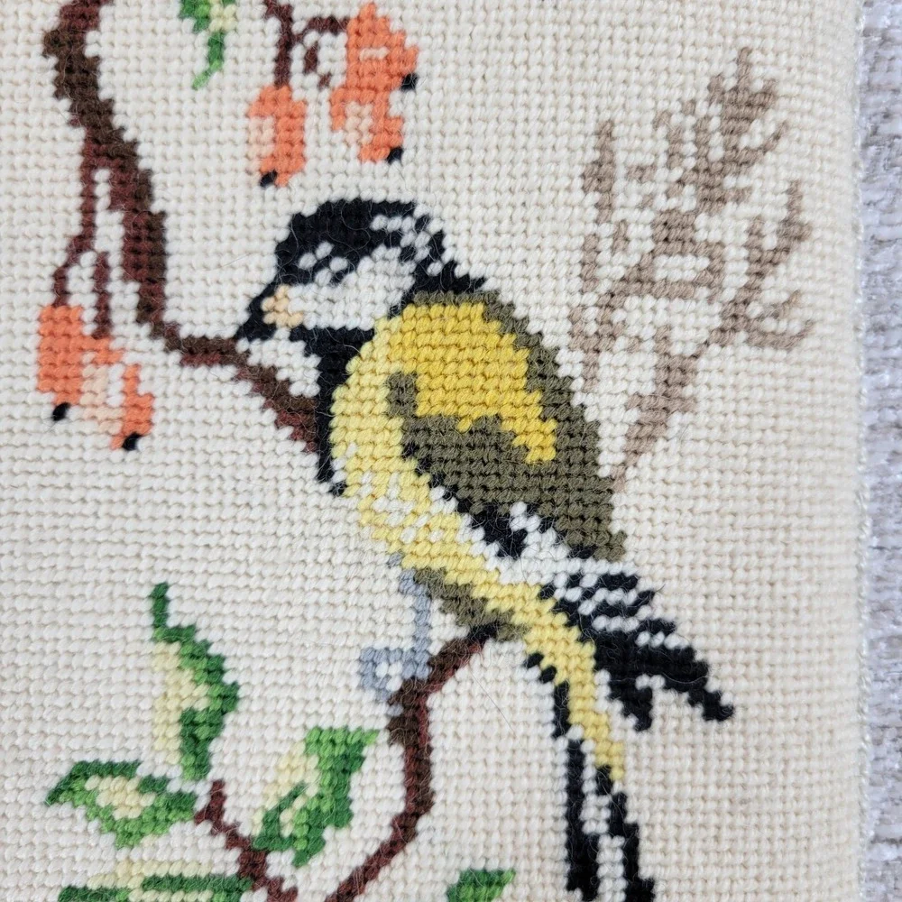 Vintage Crewel Needlework Birds Vines Wall Hanging Pantry Butler Pull
